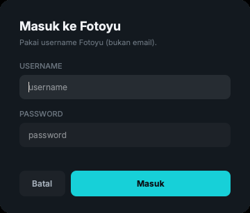Form login Fotoyu di VeloDash: kolom username dan password