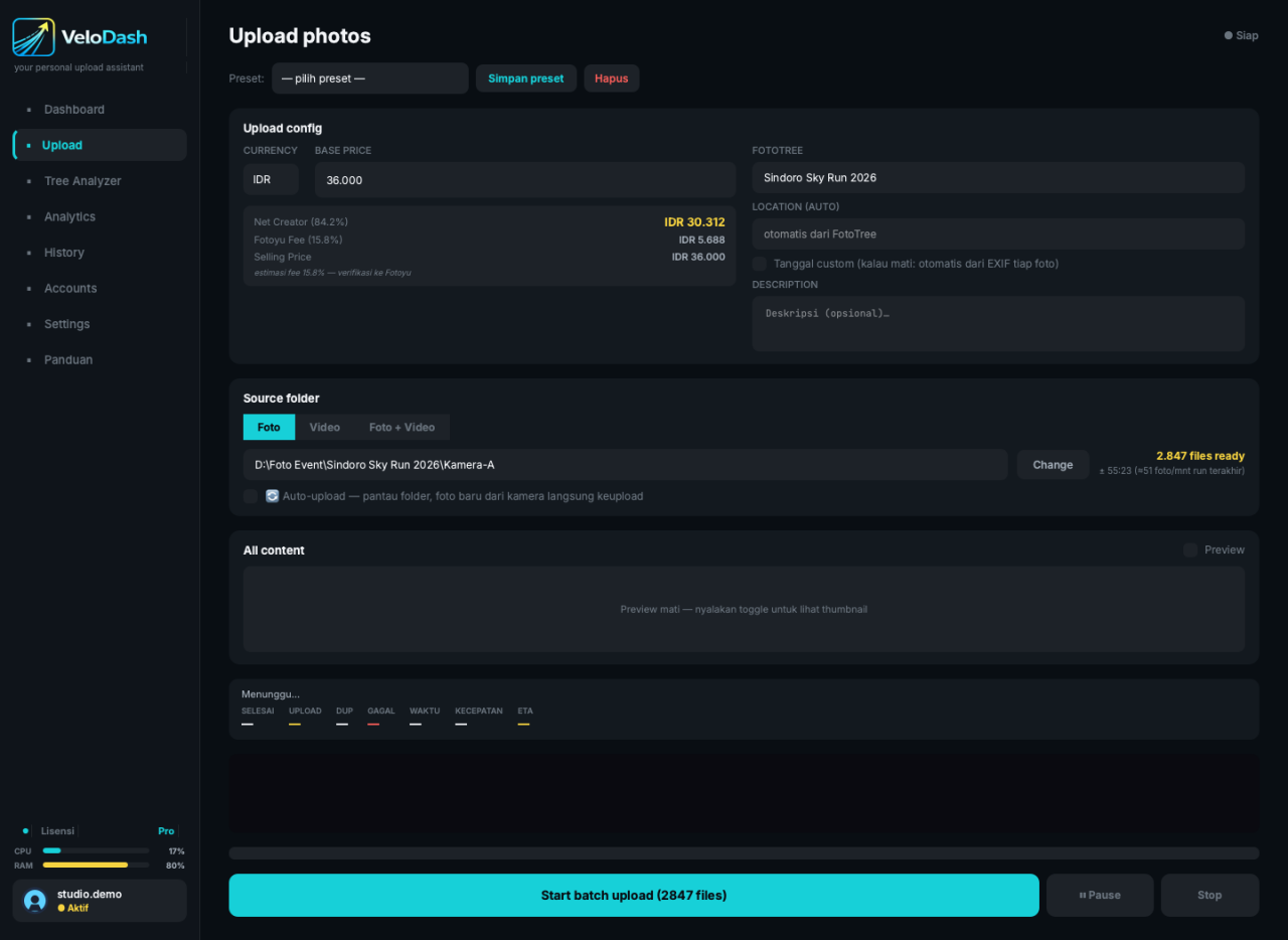 Halaman Upload VeloDash: upload config, source folder, preview, dan tombol start batch upload