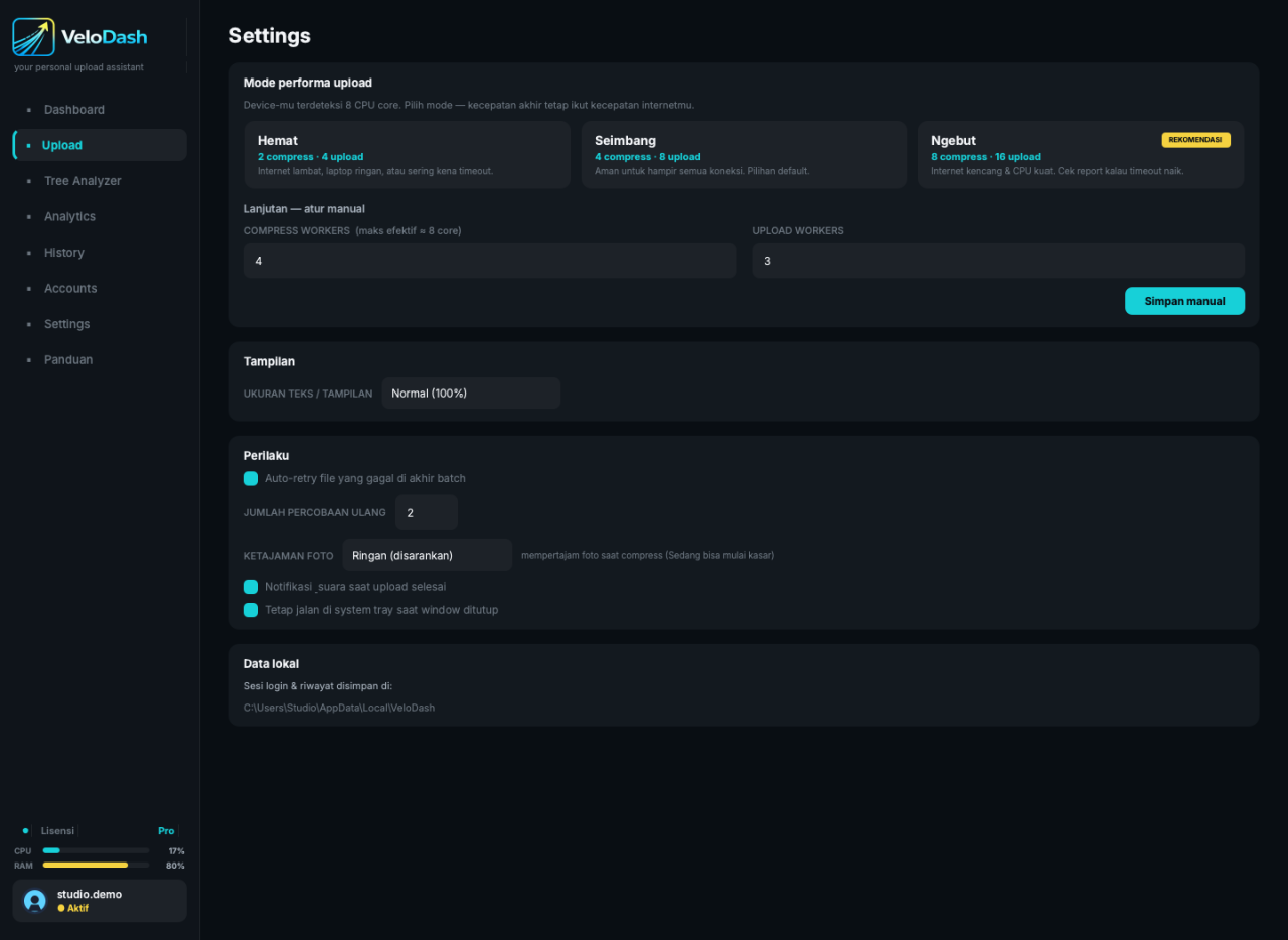 Halaman Settings VeloDash: mode performa Hemat, Seimbang, Ngebut, pengaturan manual, dan perilaku